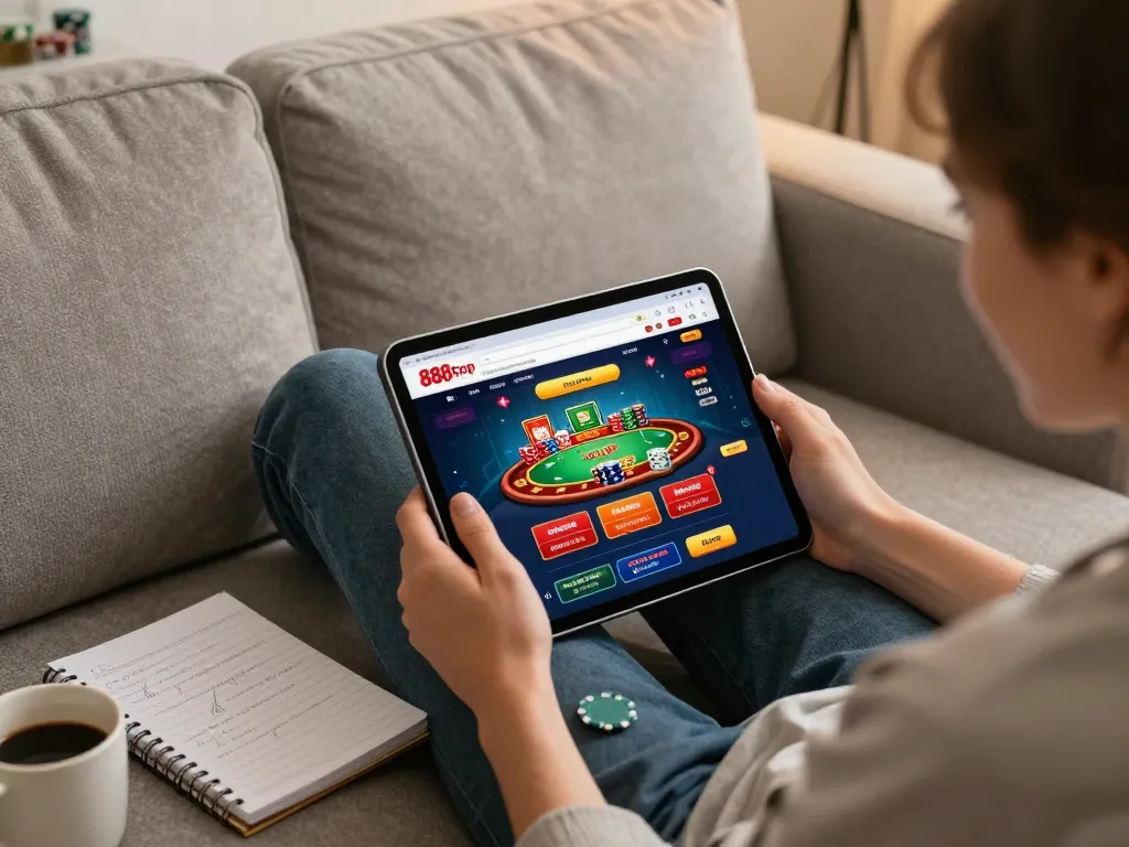 Engaging with the 888top homepage while playing online poker on a tablet in a cozy home setting.