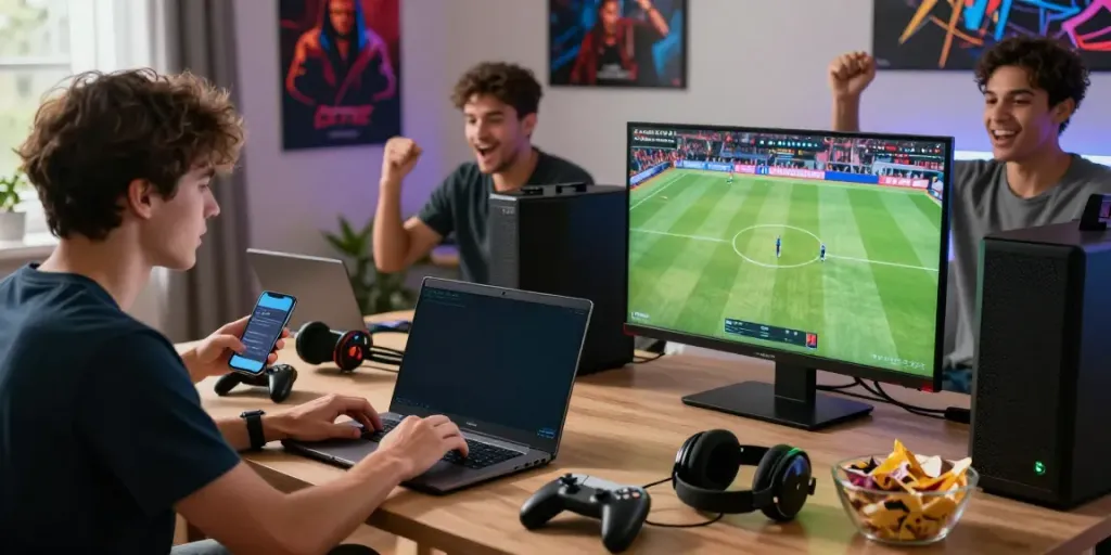 Engaging online gaming scene showcasing friends enjoying their experience on trang chủ da88 with laptops and mobile devices.