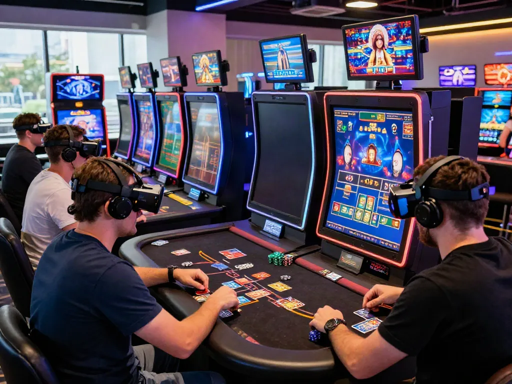 Engaged players in a vibrant online casino setting showcasing casinos not on gamstop uk with modern gaming tables and colorful LED lights.