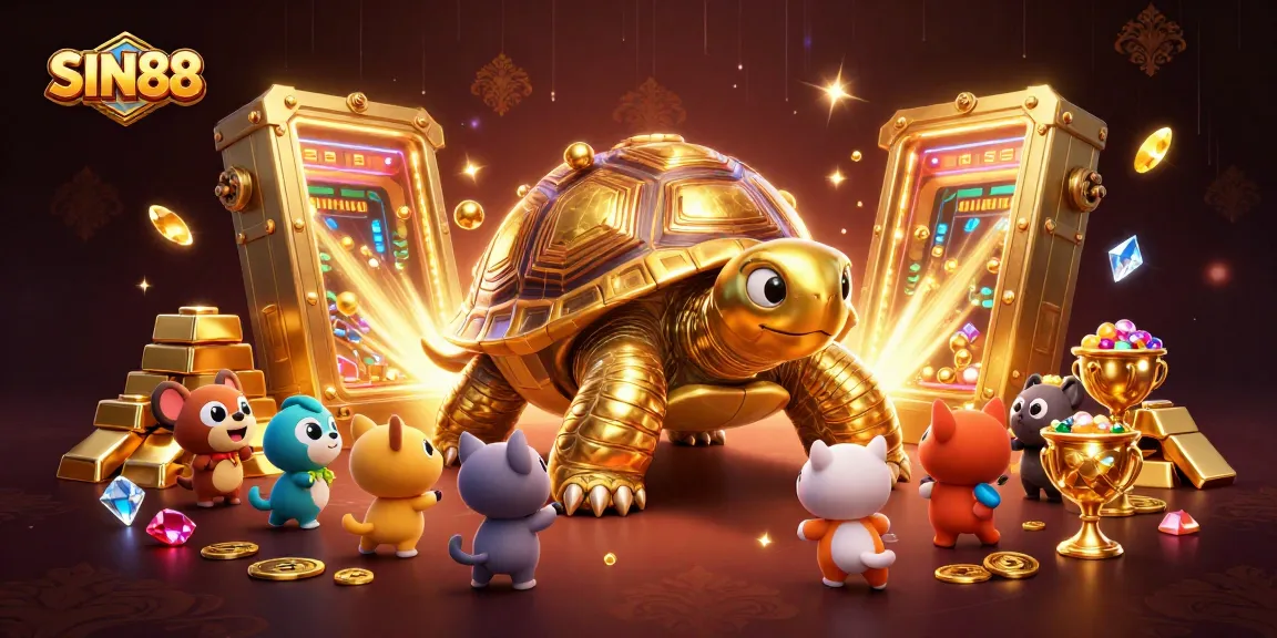 SIN88 offers an exciting casino experience with a colossal tortoise pinball machine amidst gold treasures.