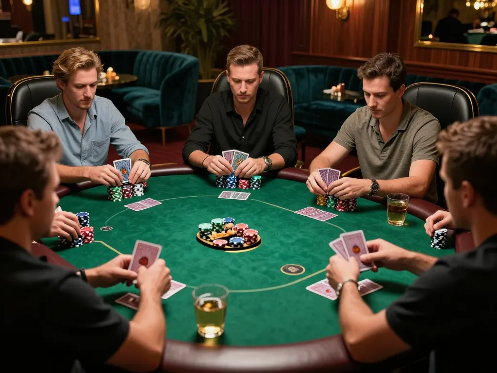 Players strategizing at a high-stakes poker table featuring DA88 cards and chips in a luxurious setting