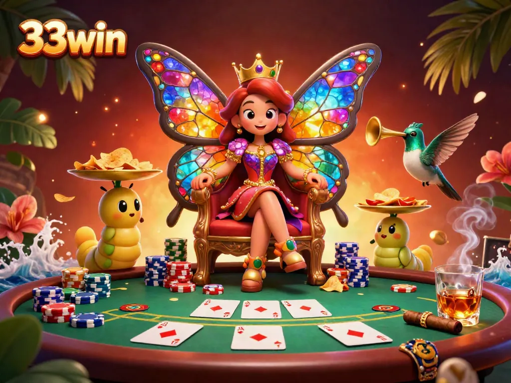 Experience the excitement of 33win with a vibrant casino scene featuring a butterfly queen and poker elements.