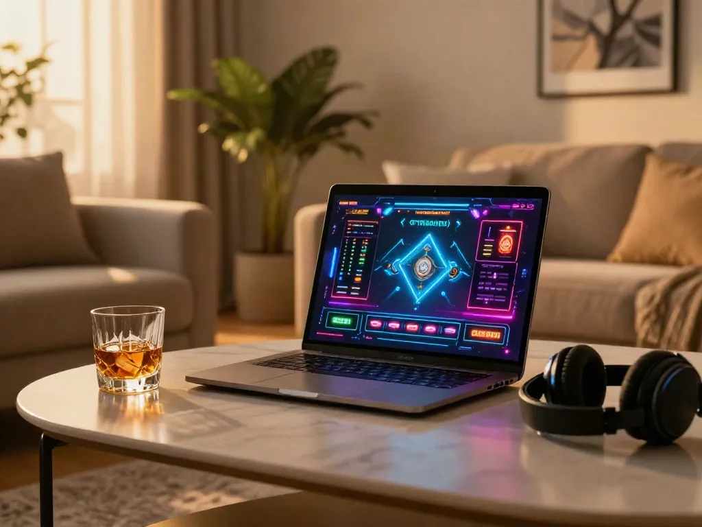 Engaging living room gaming setup featuring casinos not on gamstop uk, showcasing vibrant online casino interface.