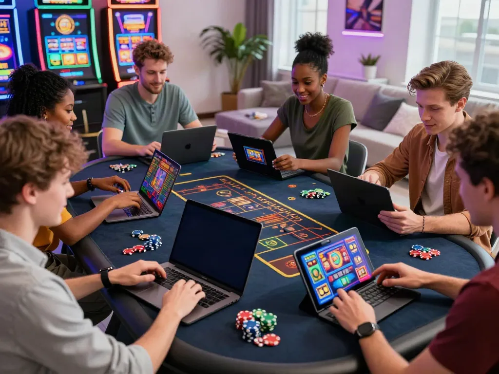 Group of friends playing at casinos not on gamstop uk in a vibrant home setting.