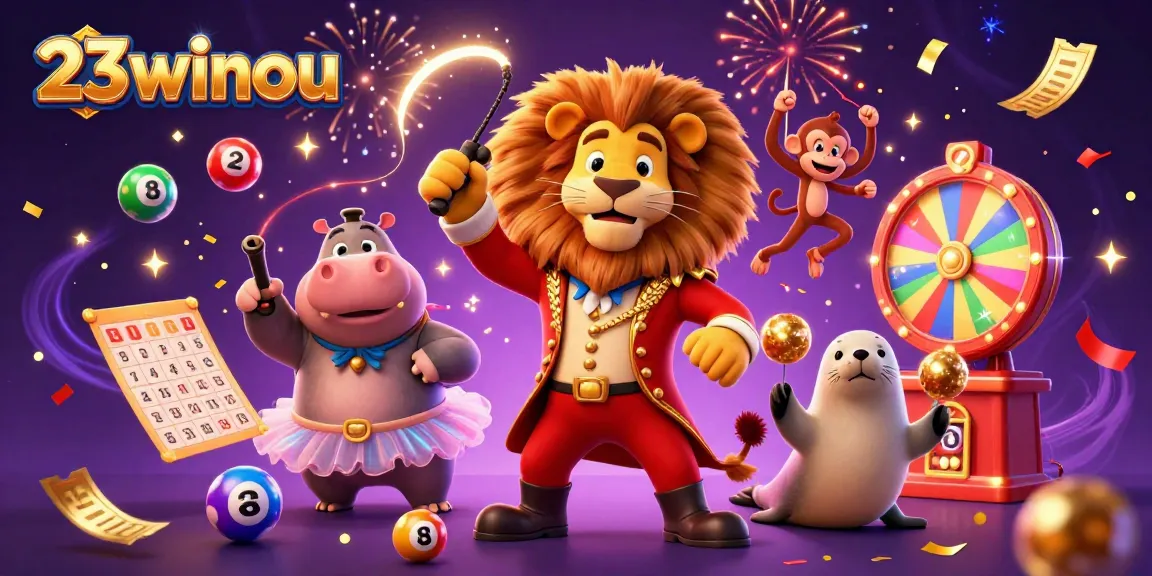 Engage with 23winou in this vibrant 3D casino scene featuring exciting lottery and game elements.