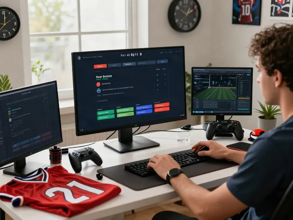 Engaged user placing bets on five88 online platform in a vibrant home office.