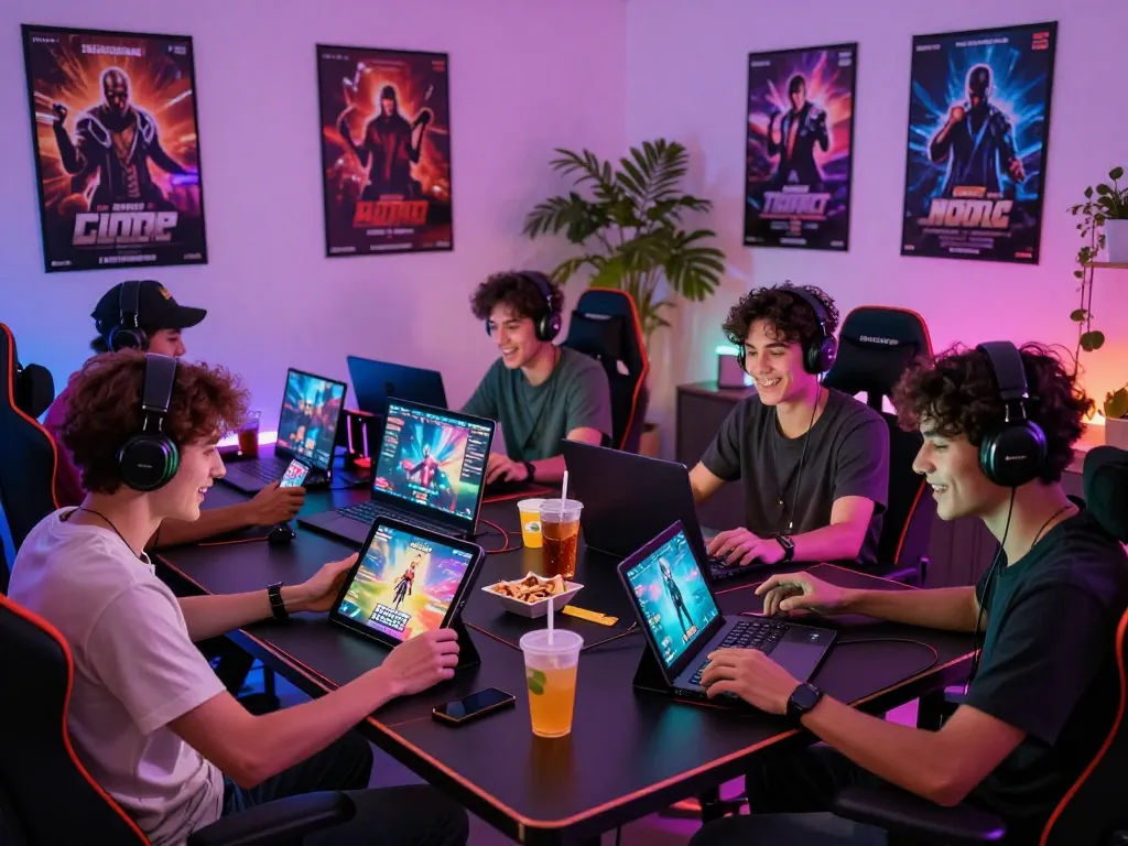 Porn games being played by diverse gamers in a colorful gaming room filled with snacks and excitement.