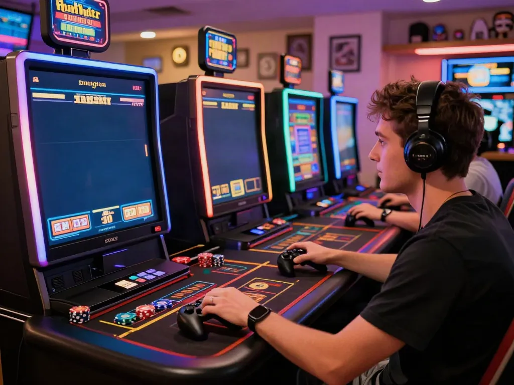Player enjoying casinos not on Gamstop UK with multiple screens and vibrant lights in a cozy gaming room.