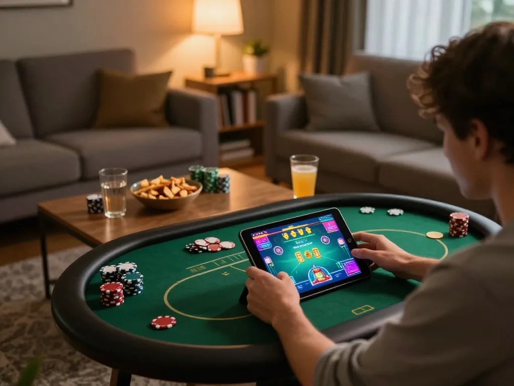 Engaging in đăng nhập 789win through a tablet in a cozy home setting, showcasing a vibrant poker game.