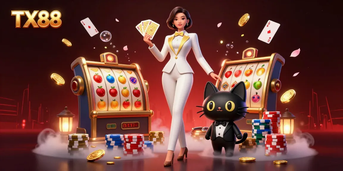 Experience the thrill of TX88 with a glamorous casino illustration featuring card games and sparkling coins.