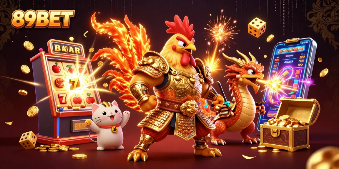 Engage with the vibrant 89BET casino world featuring a powerful rooster warrior, dragon hatchling, and jackpot excitement.