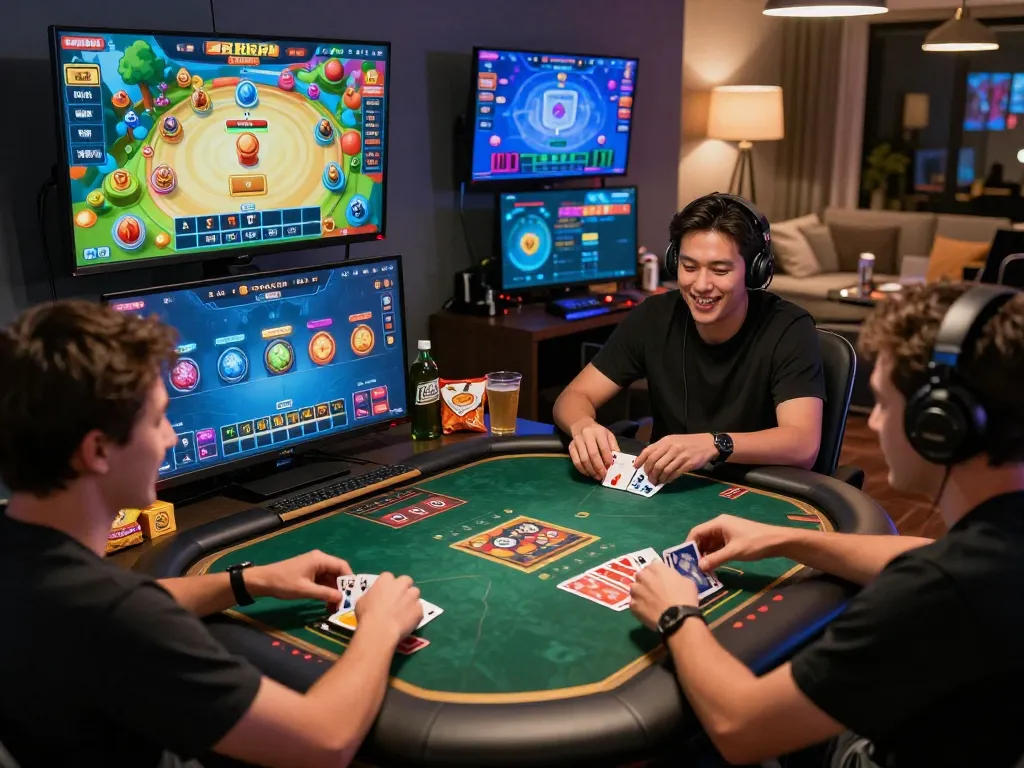 Engaged players experiencing bomwin online gaming platform with competitive card games.