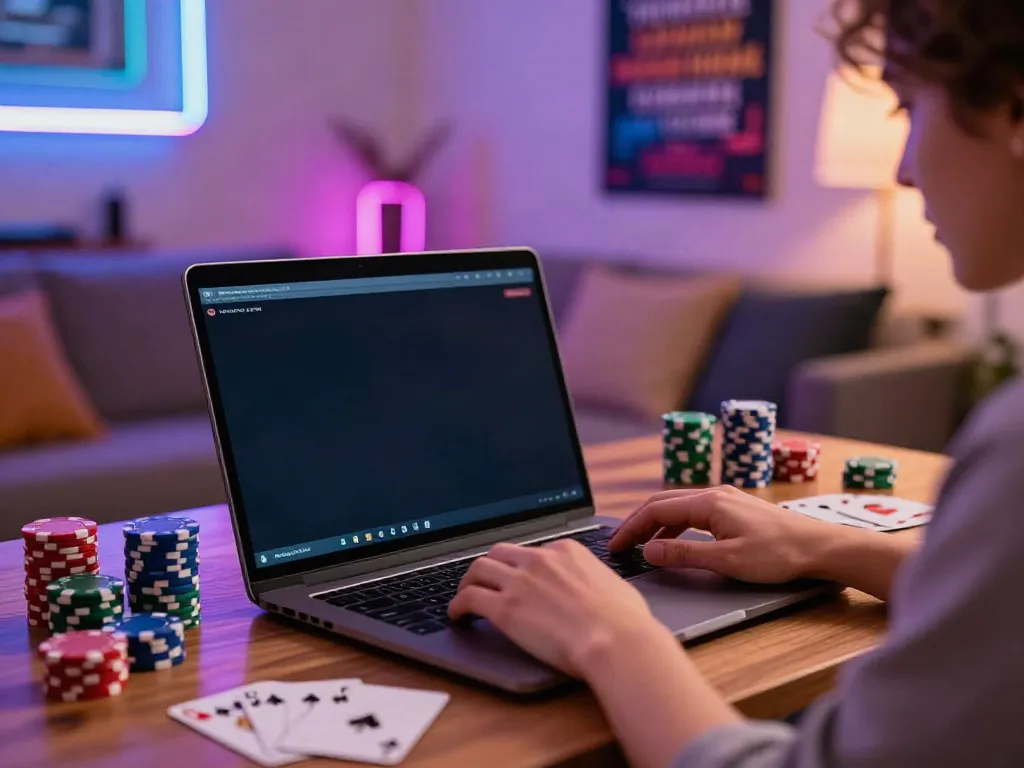 Casinos not on gamstop uk: Engaging online gaming environment with laptop and vibrant decor.
