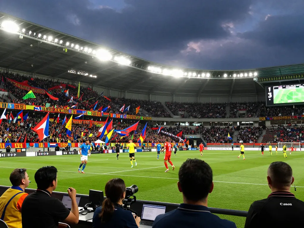 Exciting soccer match action showing passionate fans and players with scoreboard reflecting latest ผลบอล.