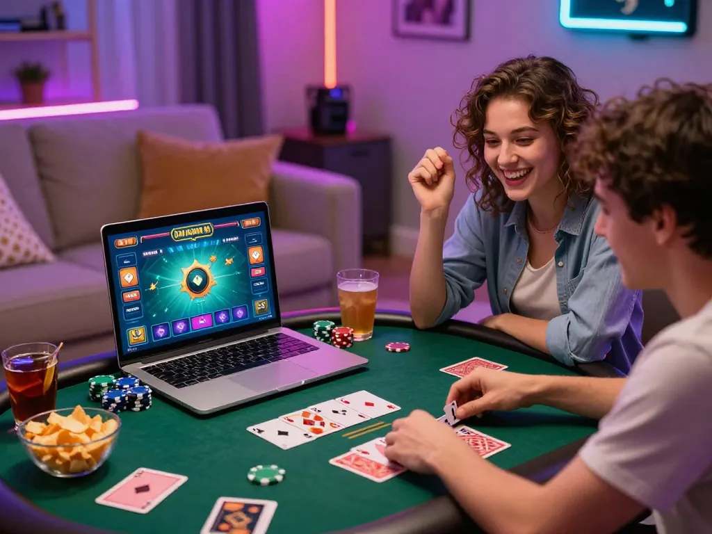 Bomwin online gaming experience with couple enjoying card games and vibrant decor.