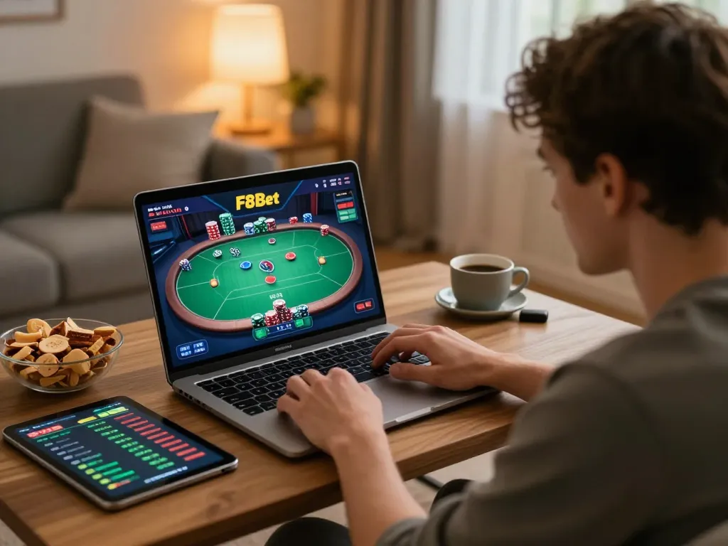 Player engaged in poker on f8betz platform in cozy home setup