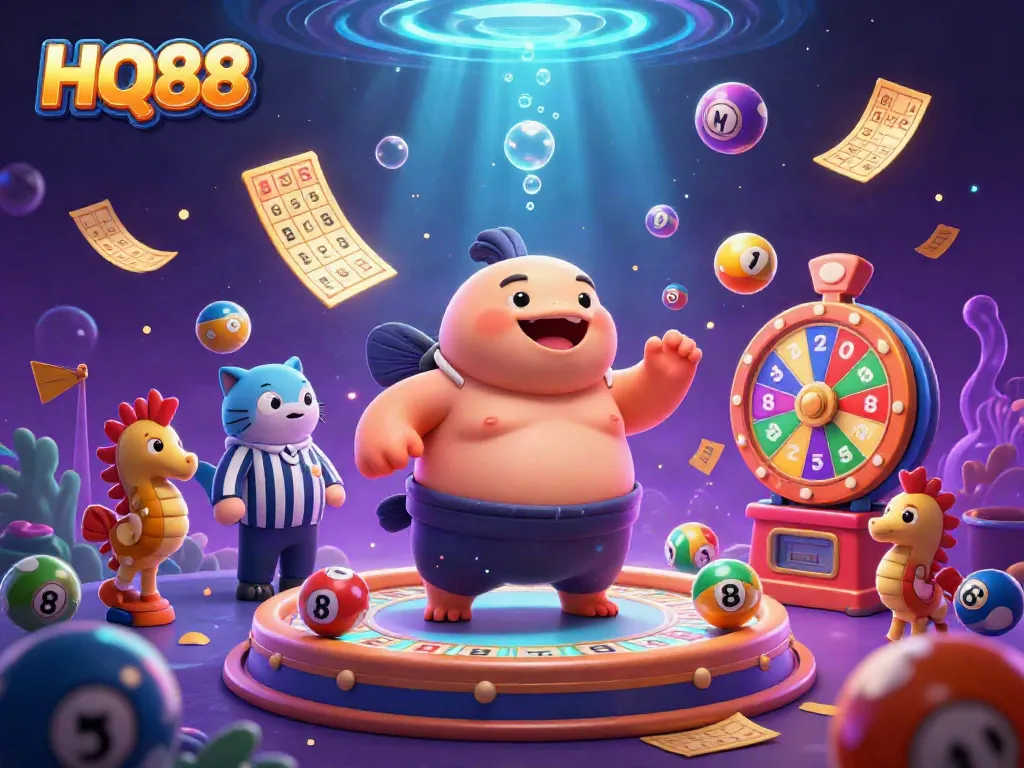 Engage in HQ88's vibrant underwater casino scene with a colossal fugu and lively game elements.