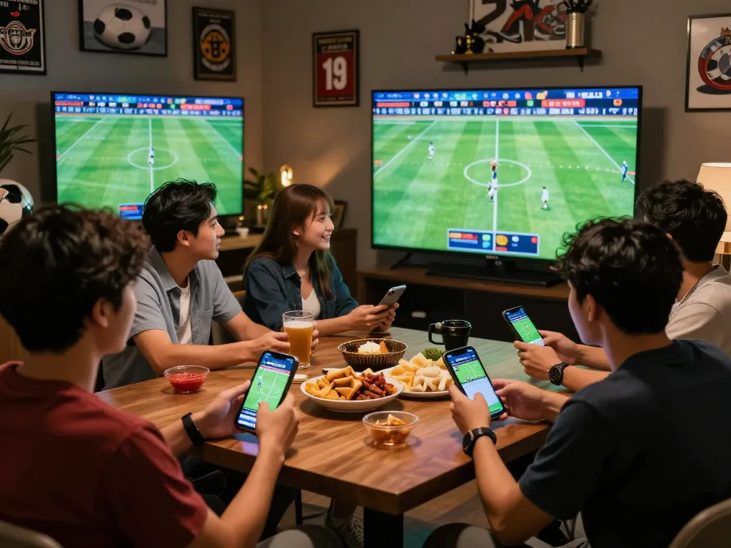 Friends enjoying sports betting together while using the nhandinhkeonhacai app to check odds and strategies.