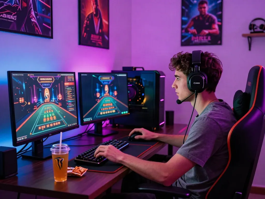 Engaging gaming scene highlighting casinos not on gamstop uk with dual monitors, snacks, and energetic atmosphere.