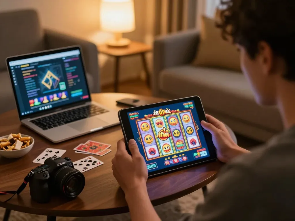 Player enjoying nổ hũ gaming on tablet at home with cozy atmosphere and strategic elements visible.