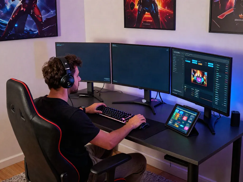 Exciting gaming atmosphere with casinos not on gamstop uk games displayed on monitors in a stylish home office.