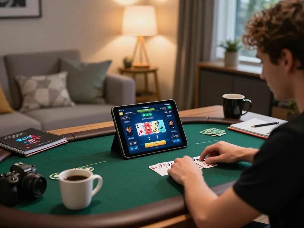 A person enjoying agen casino online poker on a tablet at home, showcasing strategic gameplay and cozy environment