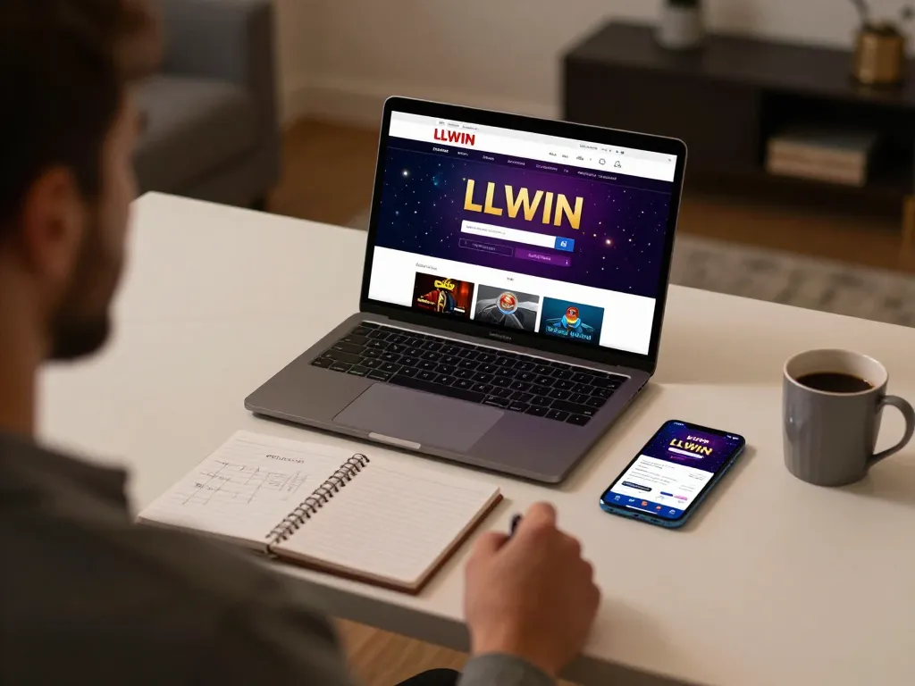 Player analyzing strategies on LLWIN casino app from a cozy desk setup while enjoying online gaming.