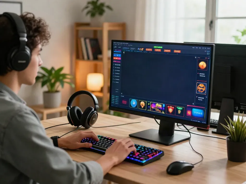 Casinos not on GamStop UK: Engaging home office scene with gaming elements and a focused player.