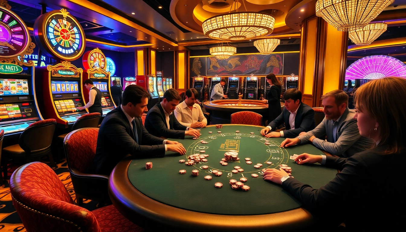 Experience the thrill of gaming action at https://mtr888.com/ featuring a luxurious poker table and lively slot machines.