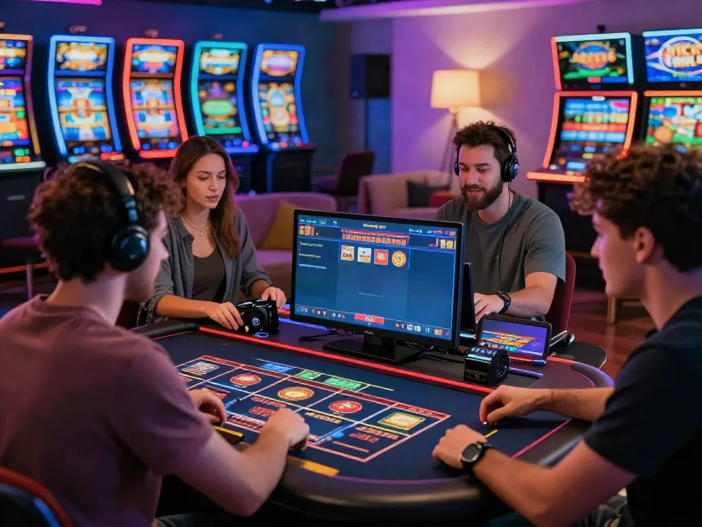 Players enjoying a lively online casino game experience in a vibrant living room, representing casinos not on GamStop UK.