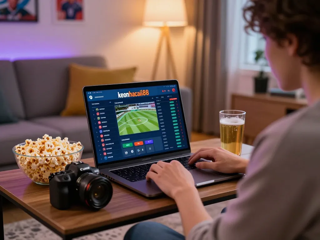 A person engaging with the keonhacaii88 betting platform on a laptop in a cozy living room.