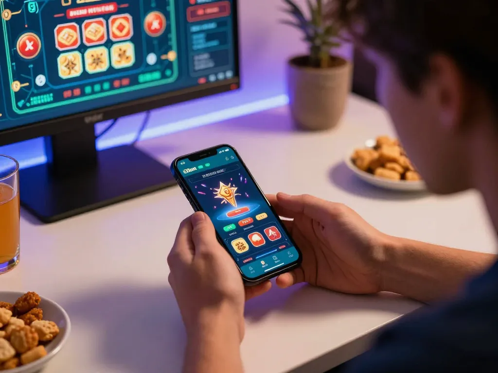 Engaging player utilizing E2bet mobile app for online gaming, showcasing excitement and strategy