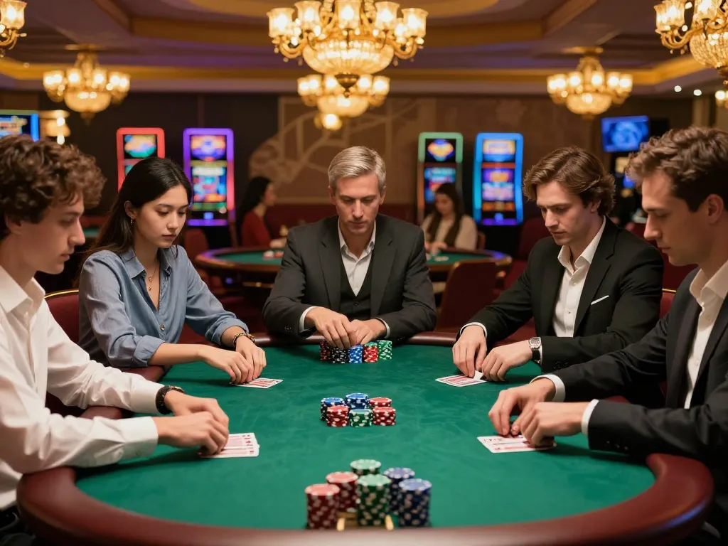 Players strategizing around a poker table at 888bgo casino, exemplifying high-stakes gameplay.