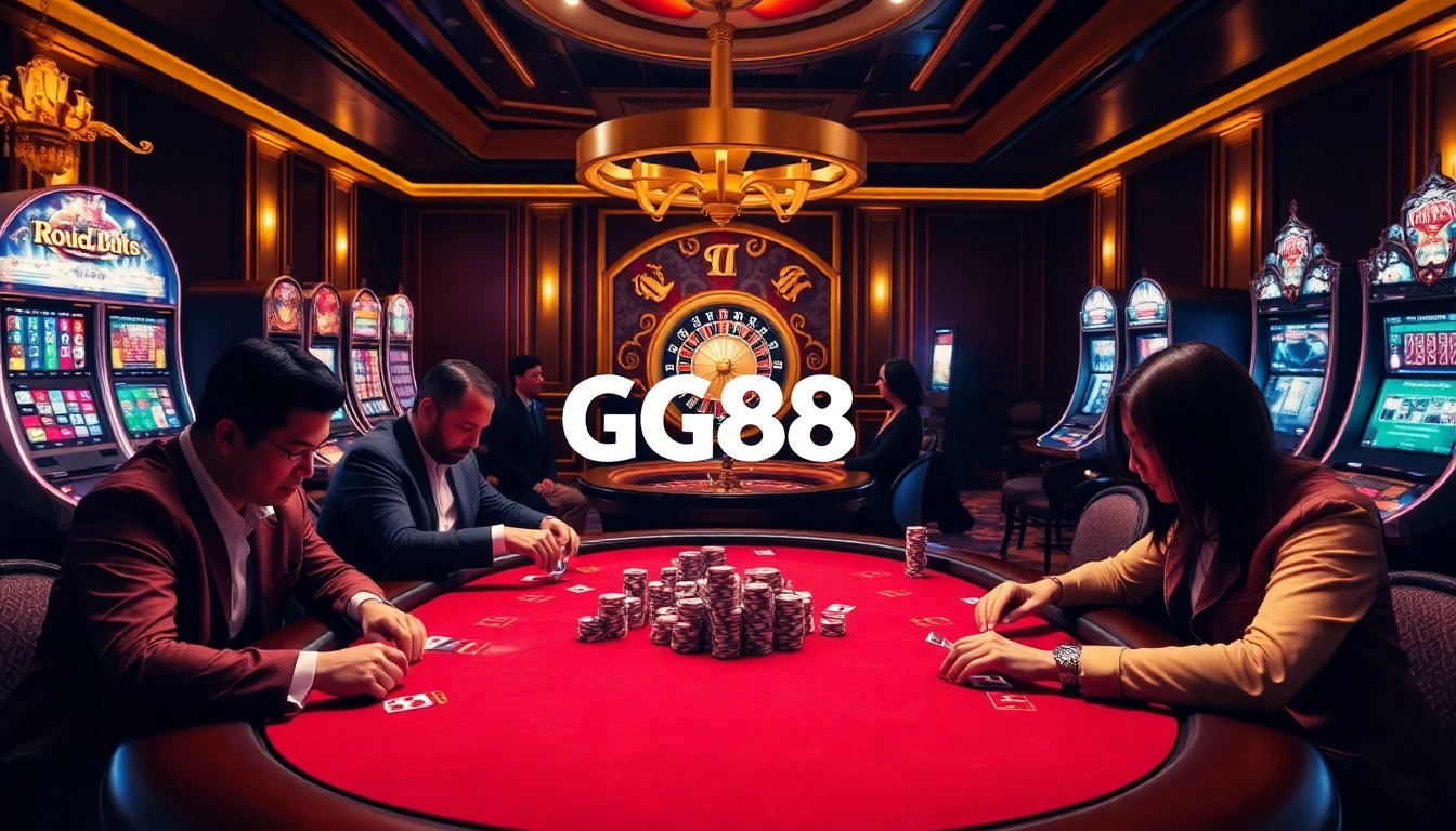 Players enjoy a thrilling poker game at GG88 casino, with vibrant slot machines in the background.