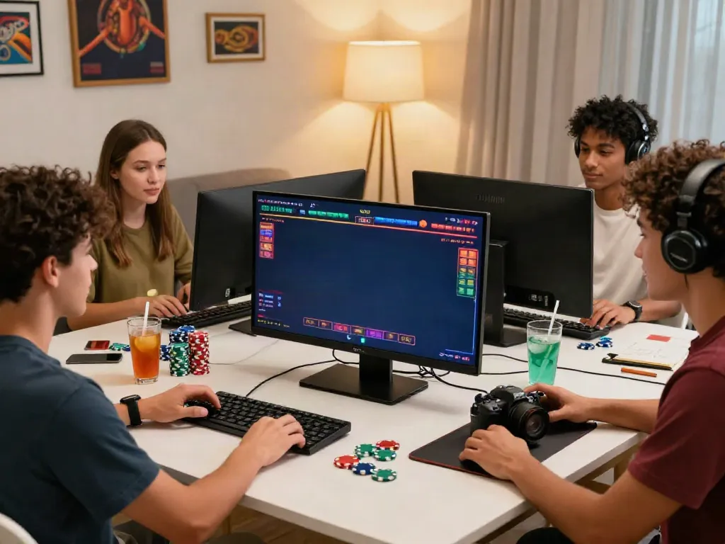 Enthusiastic friends enjoying casinos not on gamstop uk in a vibrant home setting with a live gaming screen.