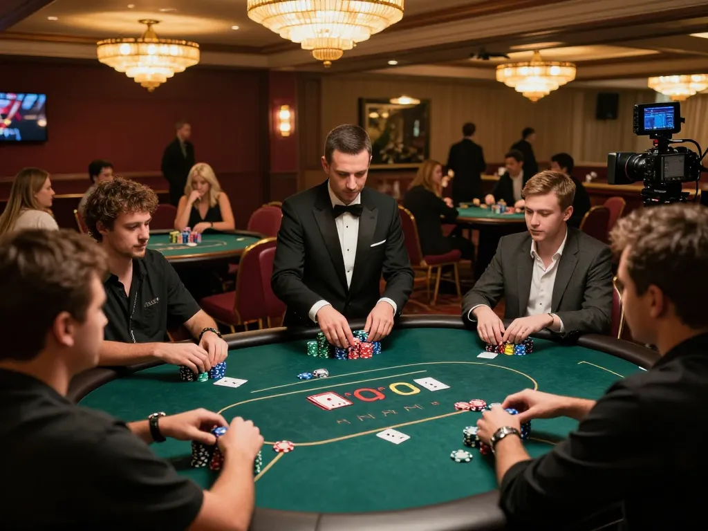 Players strategizing during a poker game at 555win casino, set in a luxurious ambiance with vibrant lighting and chips stacked.