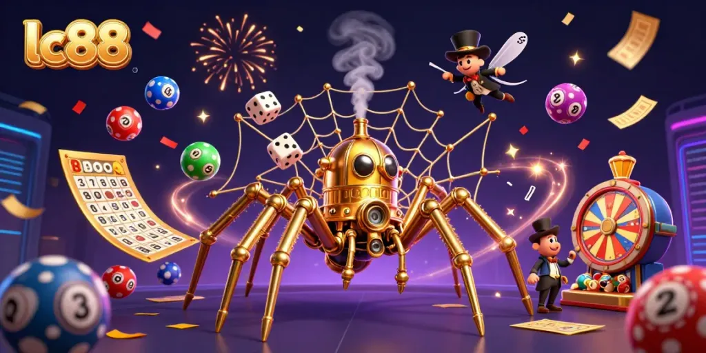 Win big with lc88 in an elaborate casino scene featuring a golden steampunk spider and dynamic game elements.
