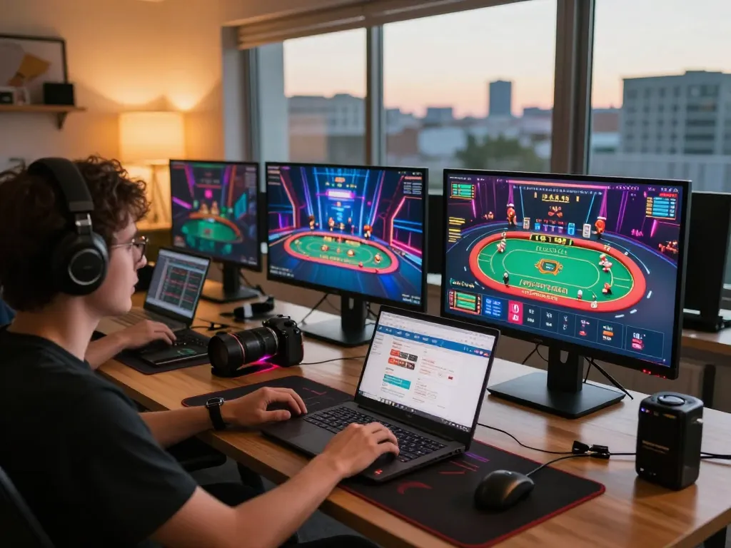 Player engaging with online casino games on okking1 app in a cozy home office.