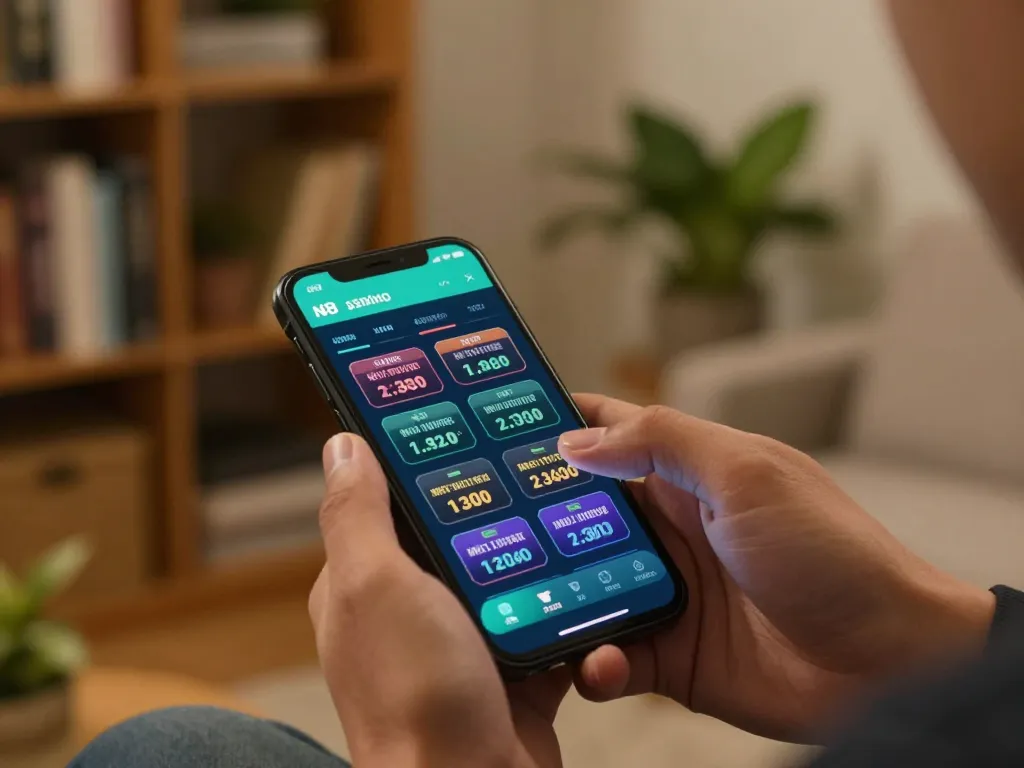 N88 app user placing bets on smartphone in a cozy home setting with betting options visible