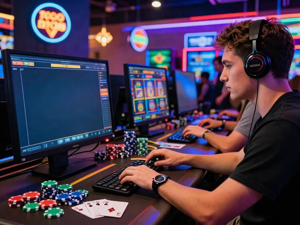 Player engaged at a gaming setup for casinos not on gamstop uk with vibrant atmosphere.