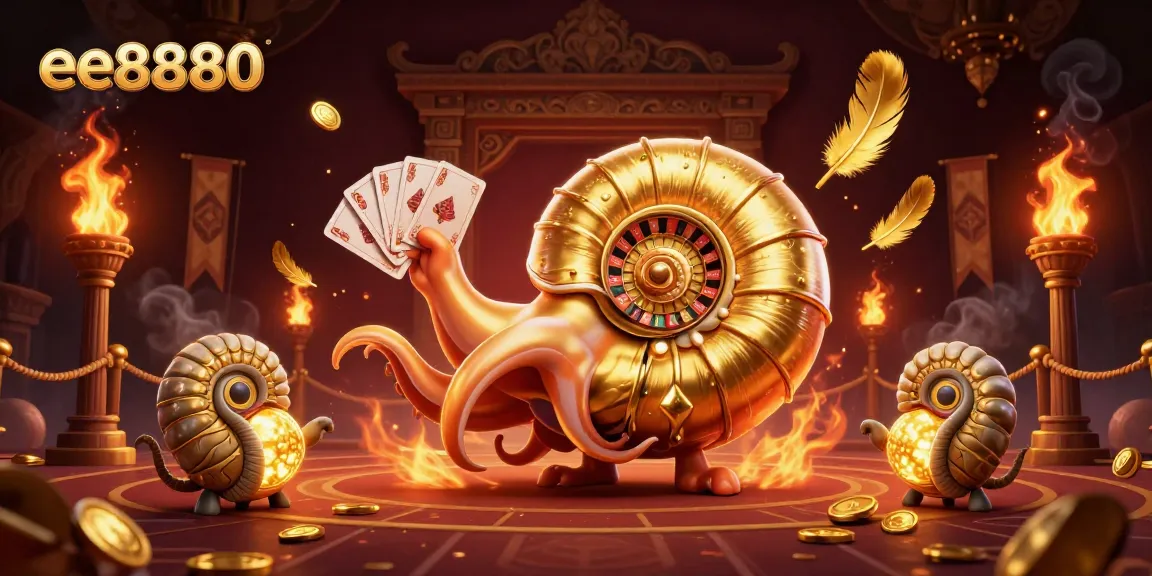 Spin the roulette wheel with ee8880's giant nautilus character in a lively casino scene filled with golden elements.