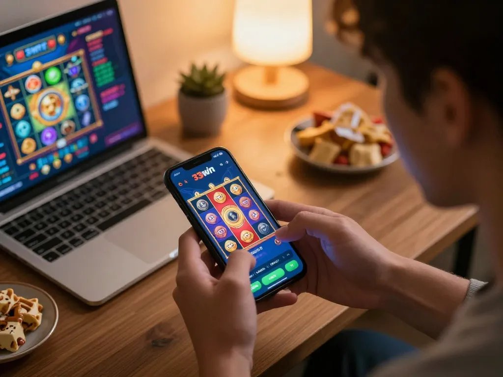 Player immersed in 33win mobile app, enjoying vibrant slot game on smartphone in cozy workspace.