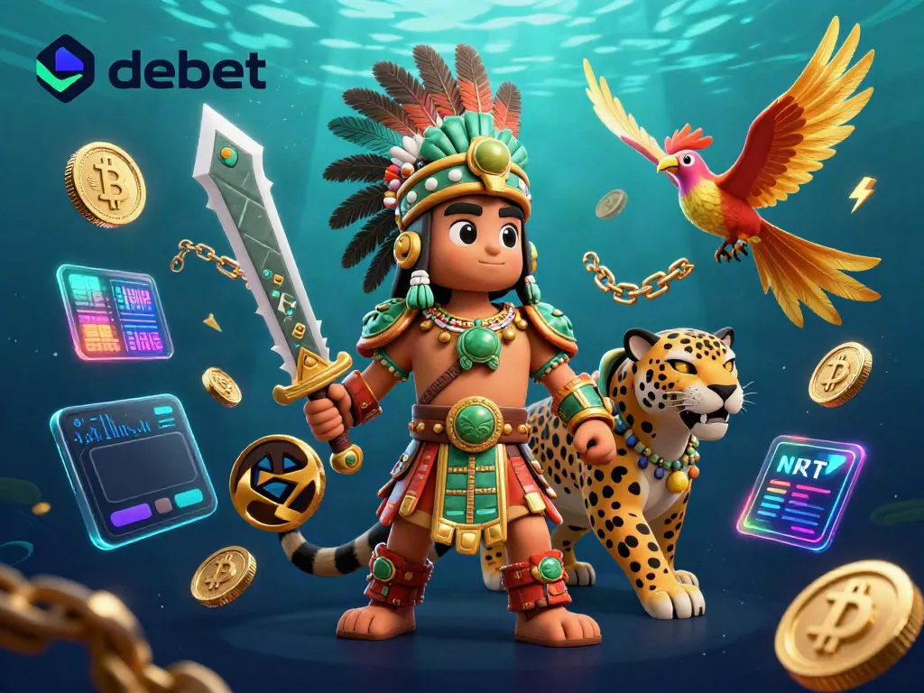 Experience the thrill of gambling with debet in this vibrant 3D casino scene featuring animated Aztec characters and crypto elements.
