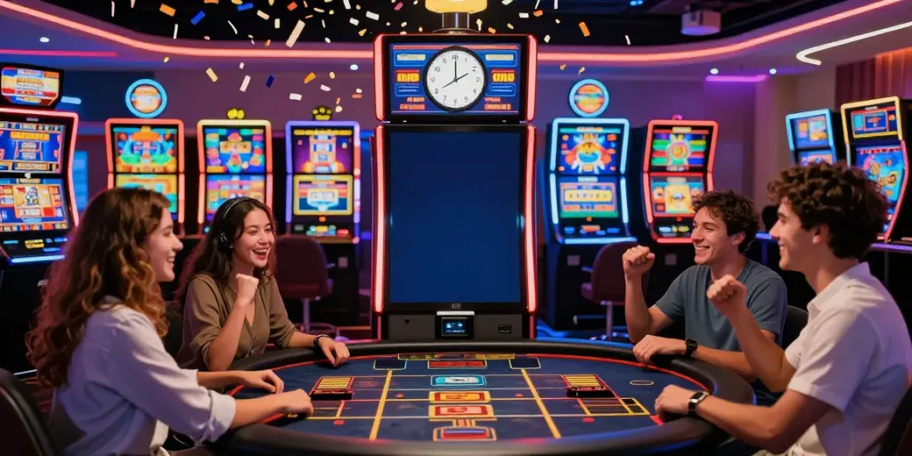 Group celebrating at casinos not on gamstop UK with vibrant lights and excitement