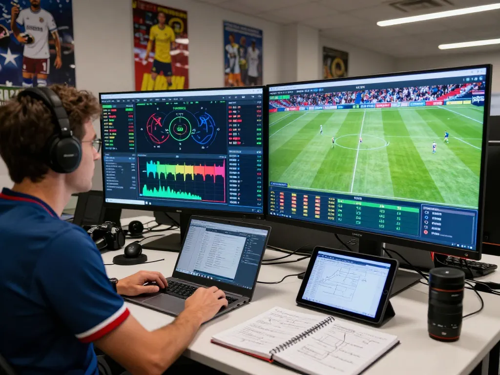 Soccer data analysts reviewing nowgoal live match statistics in a high-tech environment.