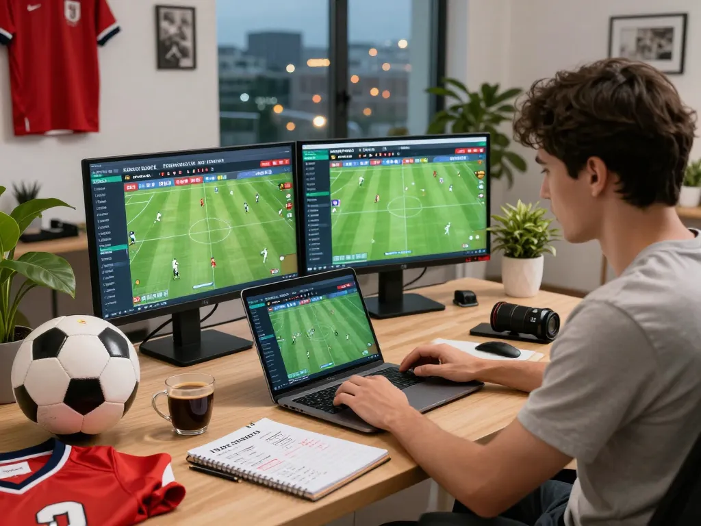 Tỷ lệ kèo trực tuyến analysis in a vibrant sports betting home office with live match statistics.