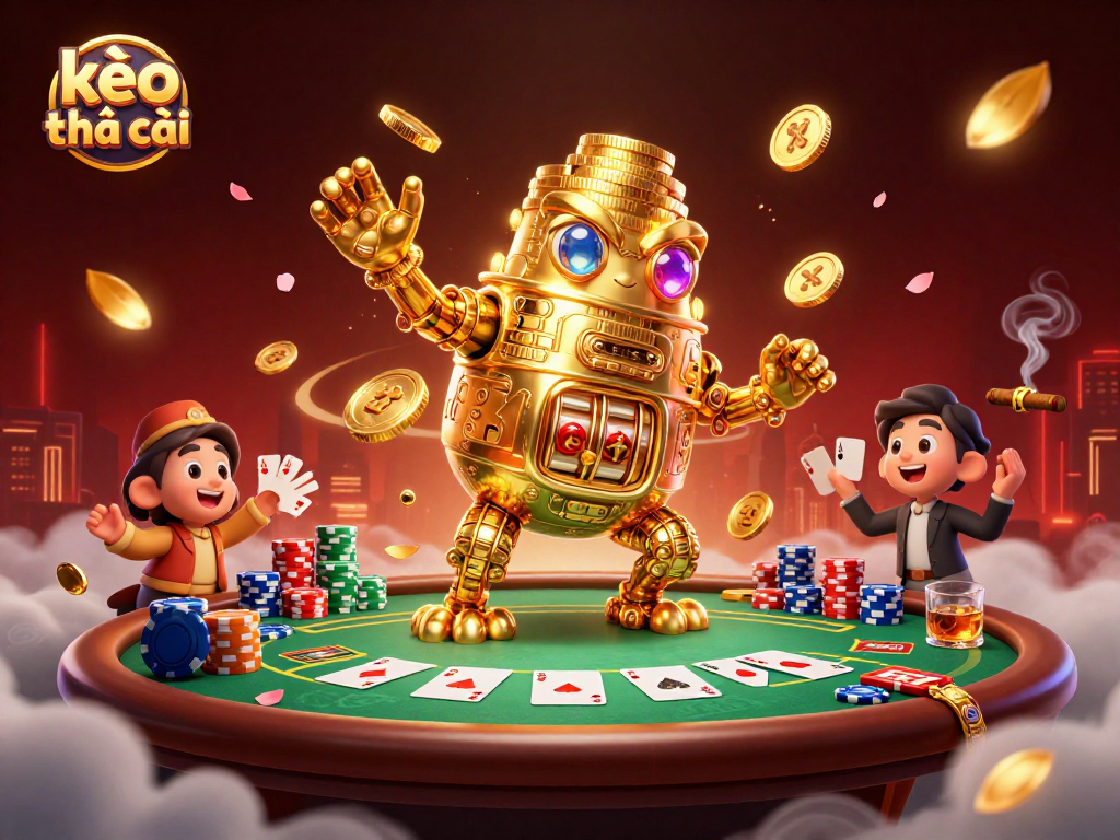 Engage with kèo nhà cái at a vibrant poker scene showcasing a golden golem and card elements.