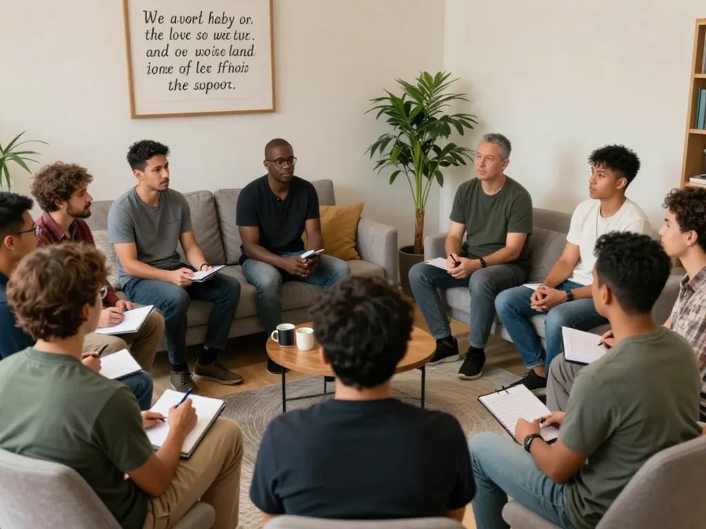 Engaged men sharing in a manclub support group, fostering connection and growth.