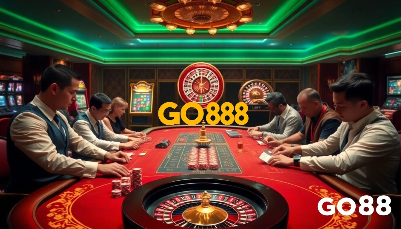 Exciting gaming table at Nhà Cái GO88 featuring cards, poker chips, and vibrant slot machines.