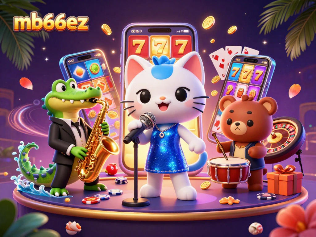 Hit big at mb66ez with vibrant 3D casino illustration featuring lively characters and exciting slot games.